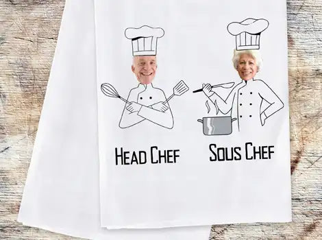 Fun and funny custom printed dish towels for the cooking couple. Add a photo of the head chef and the sous chef to our design for a unique gift idea.
