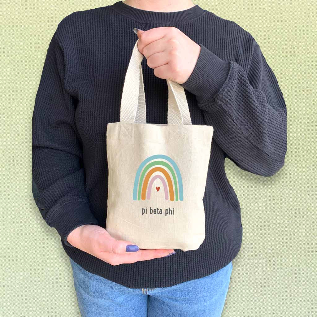 Pi Beta Phi sorority name rainbow design digitally printed on natural mini tote gift bag.