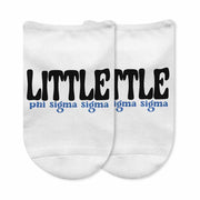 Phi Sigma Sigma Big and Little designs custom printed on comfy white cotton no show socks.
