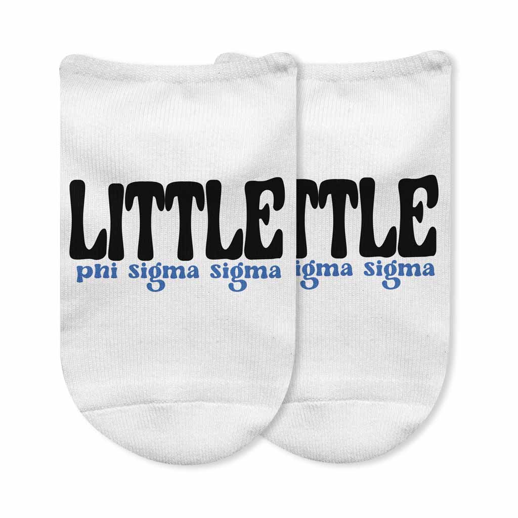 Phi Sigma Sigma Big and Little designs custom printed on comfy white cotton no show socks.