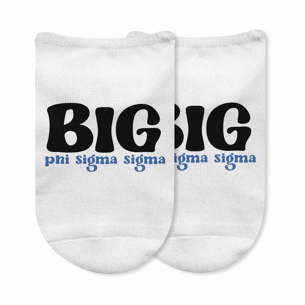 Phi Sigma Sigma Big and Little designs custom printed on comfy white cotton no show socks.