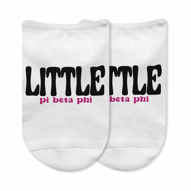 Pi Beta Phi Little and Big designs custom printed on comfy white cotton no show socks.