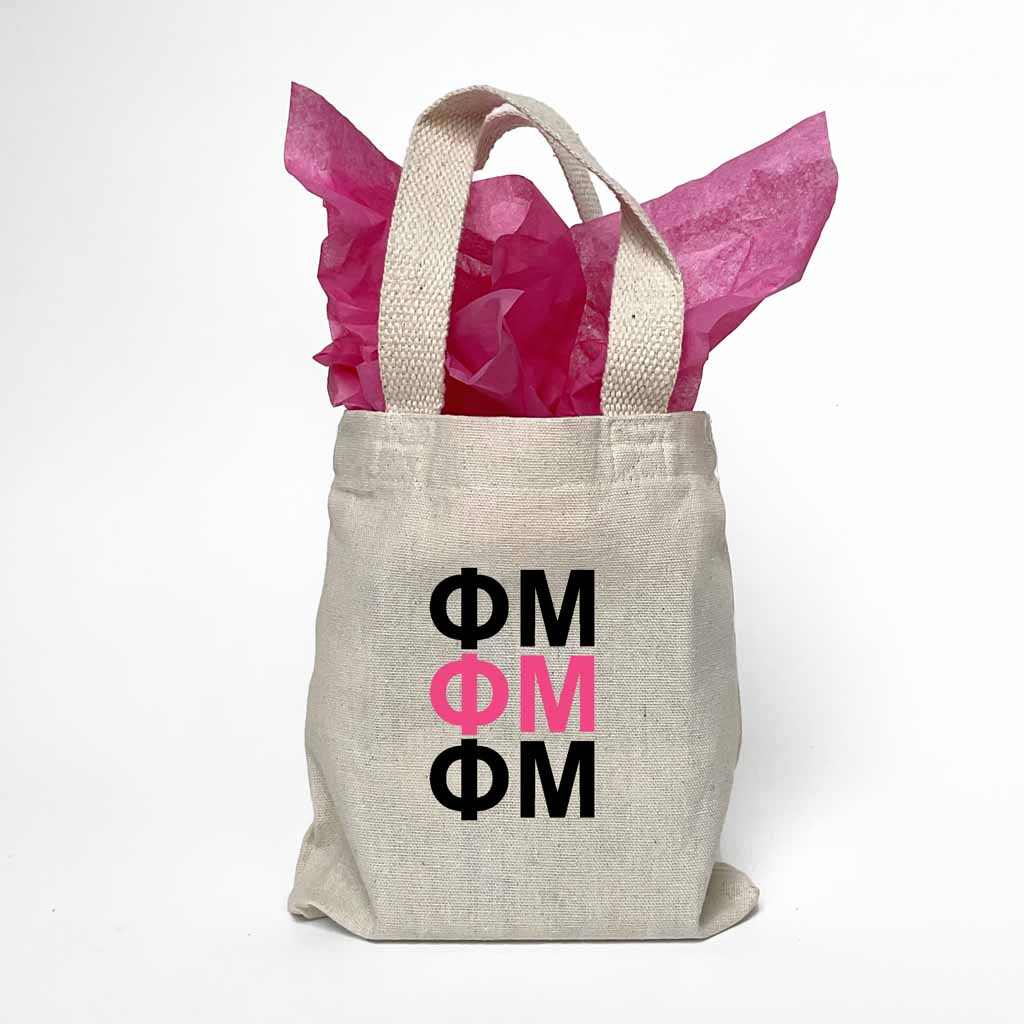 Sorority greek letters printed in sorority colors on natural canvas mini tote gift bag.