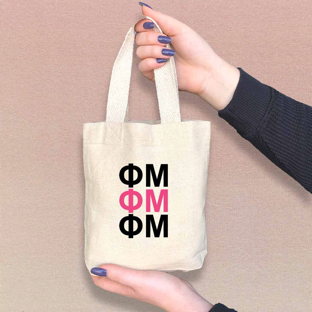 Phi Mu sorority letters in sorority colors digitally printed on the perfect mini size natural canvas tote bag.