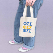 Phi Sigma Sigma sorority letters in sorority colors digitally printed on the perfect mini size natural canvas tote bag.