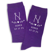 Purple flat knit dress socks digitally printed with a rope monogram western theme design and personalized with your wedding role and date.