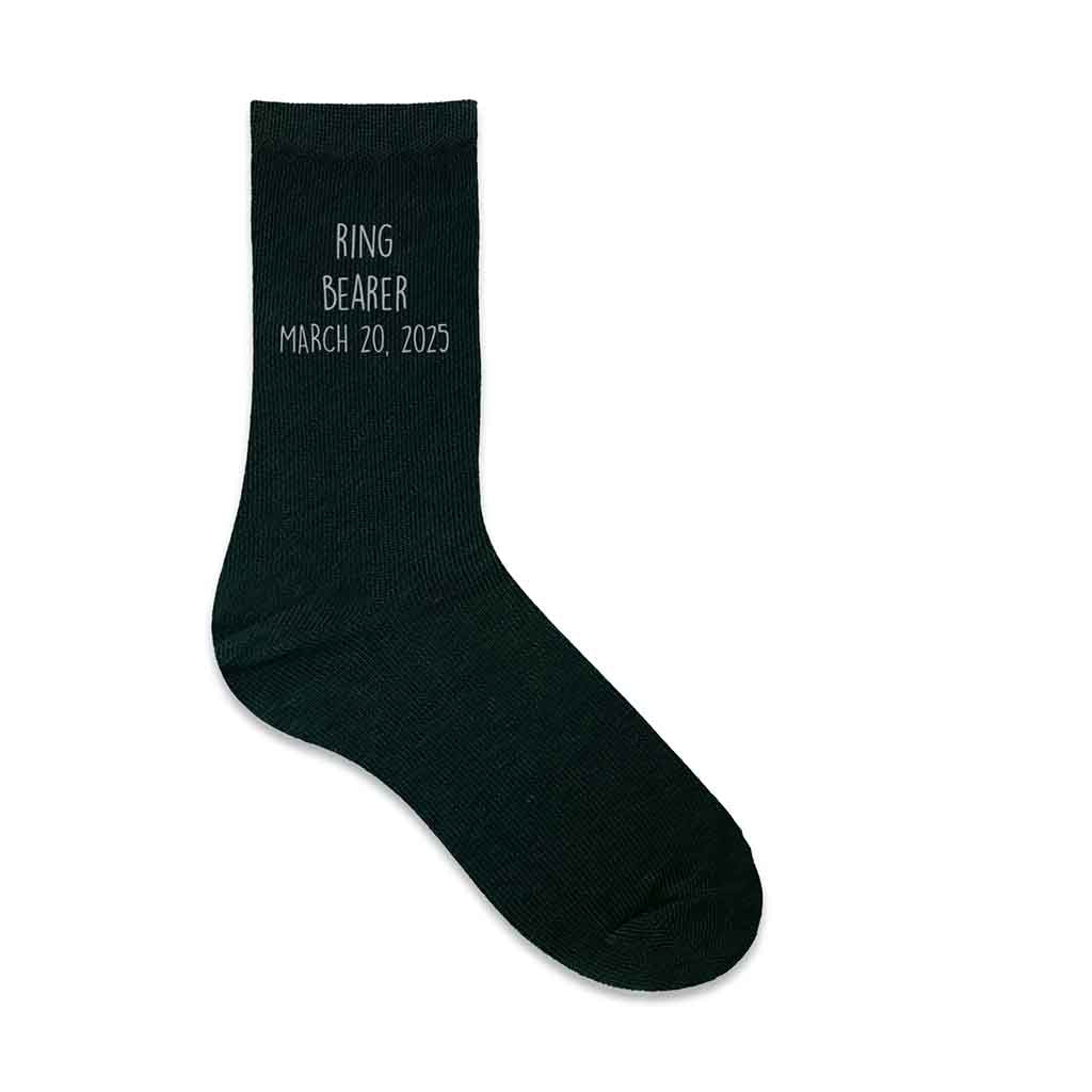 Fun wedding day socks for your ring bearer custom printed and personalized with your wedding date digitally printed on black or navy flat knit dress socks.
