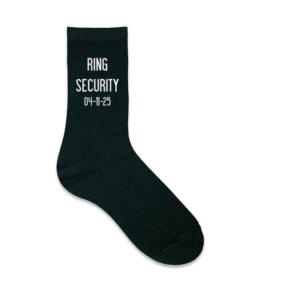Soft and comfortable wedding day socks for your ring bearer digitally printed with ring security and personalized with your wedding date.