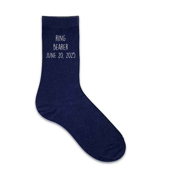 This fun design for ring bearers is printed on our black or navy flat knit dress socks and makes a great pair of socks to wear on the big day. 