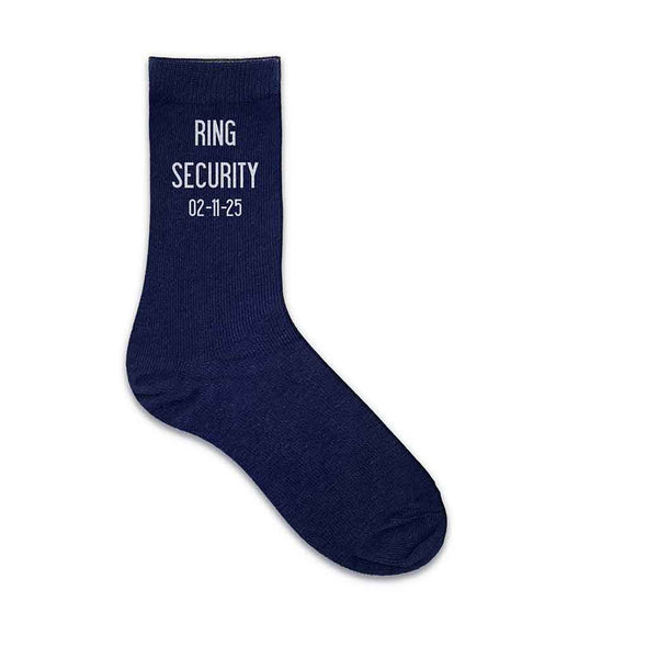 Ring bearer socks digitally printed with ring security and personalized with your wedding date on black or navy flat knit dress socks.