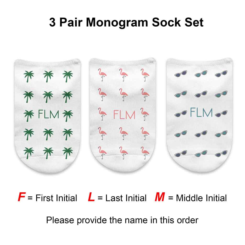 Three pair monogram sock set instructions for sending your initials.