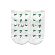 Palm tree beachy vibe design with your monogram printed on white cotton no show socks in a three pair gift box set.