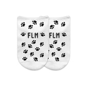 All over paw print design custom printed on white cotton no show socks with your initials in a three pair gift box set.