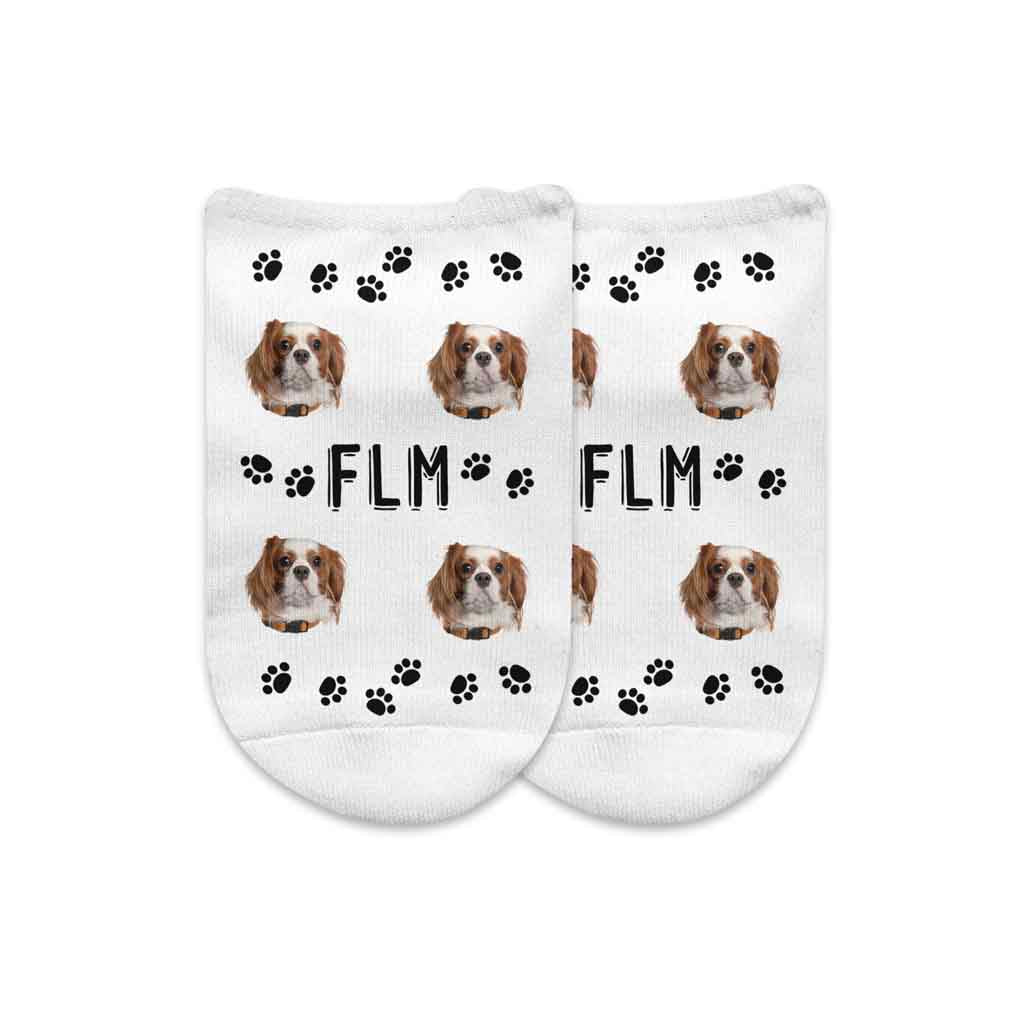 Monogrammed socks with a pets face and paw prints digitally printed on white cotton no show socks in a three pair gift box set.