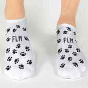 Paw print design custom printed on white cotton no show socks and your initials digitally printed in a three pair gift box set.