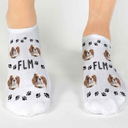 White cotton no show socks custom printed with animal faces and paw prints in a three pair gift box set.