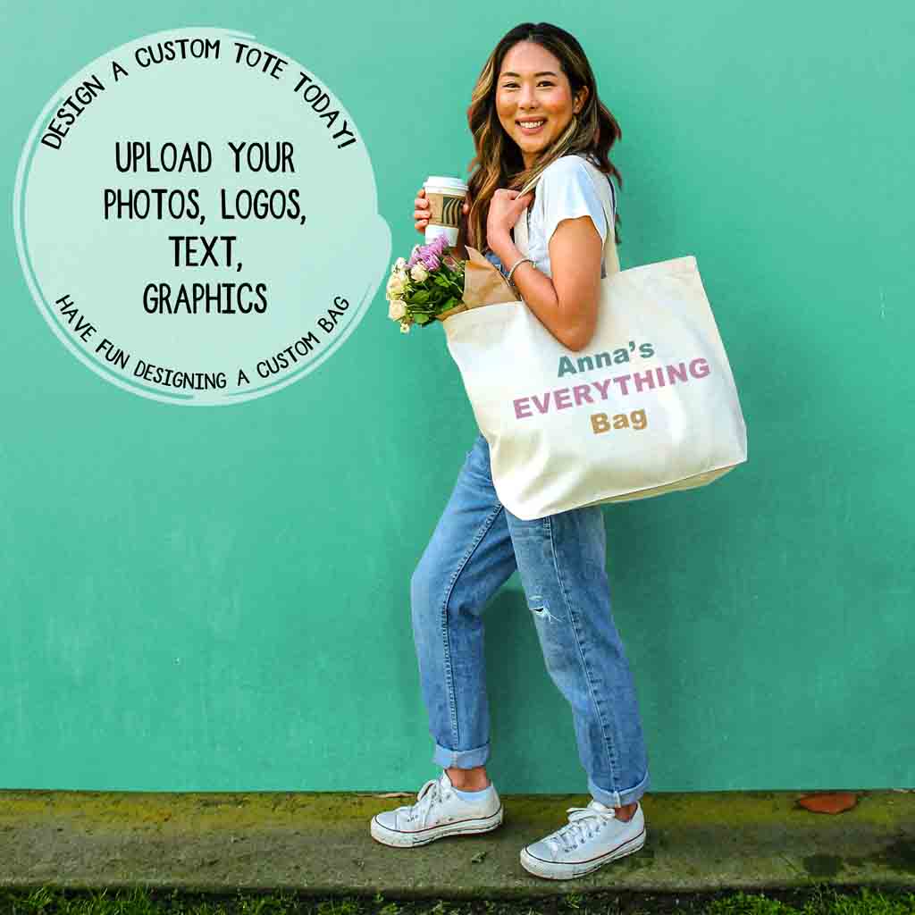 Design a custom tote bag - upload photos, logos, text and other fun graphics for your unique bag.