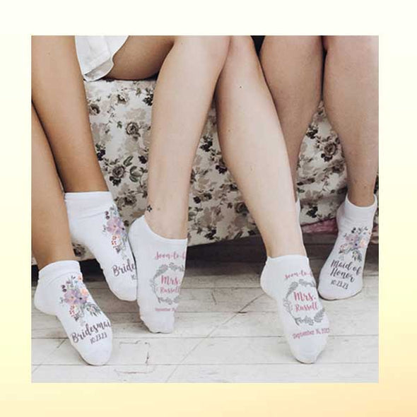 Fun socks for the bridal party and for bachelorette festivities. Some designs are personalized while others are ready to purchase as is. We print on no show socks, crew socks and knee high socks for fun socks for the bridal party to wear.