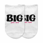 Fun Phi Mu Big and Little designs custom printed on comfy white cotton no show socks.