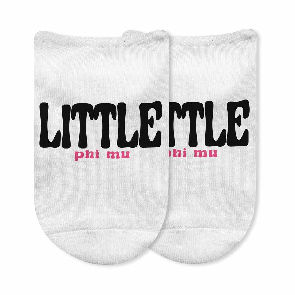 Fun Phi Mu Big and Little designs custom printed on comfy white cotton no show socks.