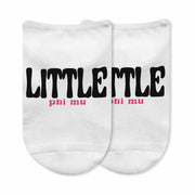 Fun Phi Mu Big and Little designs custom printed on comfy white cotton no show socks.