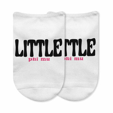 Fun Phi Mu Big and Little designs custom printed on comfy white cotton no show socks.