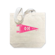Phi Mu collegiate pennant medium size canvas tote bag featuring Phi Mu Greek letters on a white background