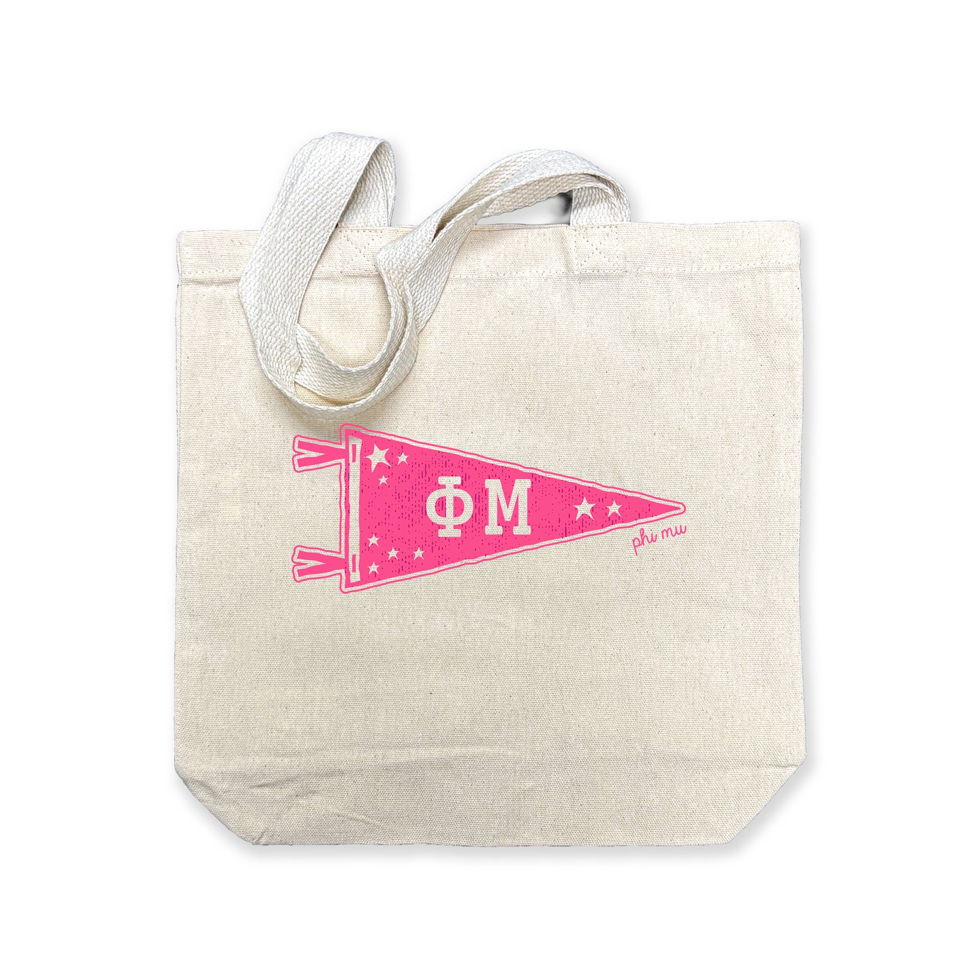 Phi Mu collegiate pennant medium size canvas tote bag featuring Phi Mu Greek letters on a white background