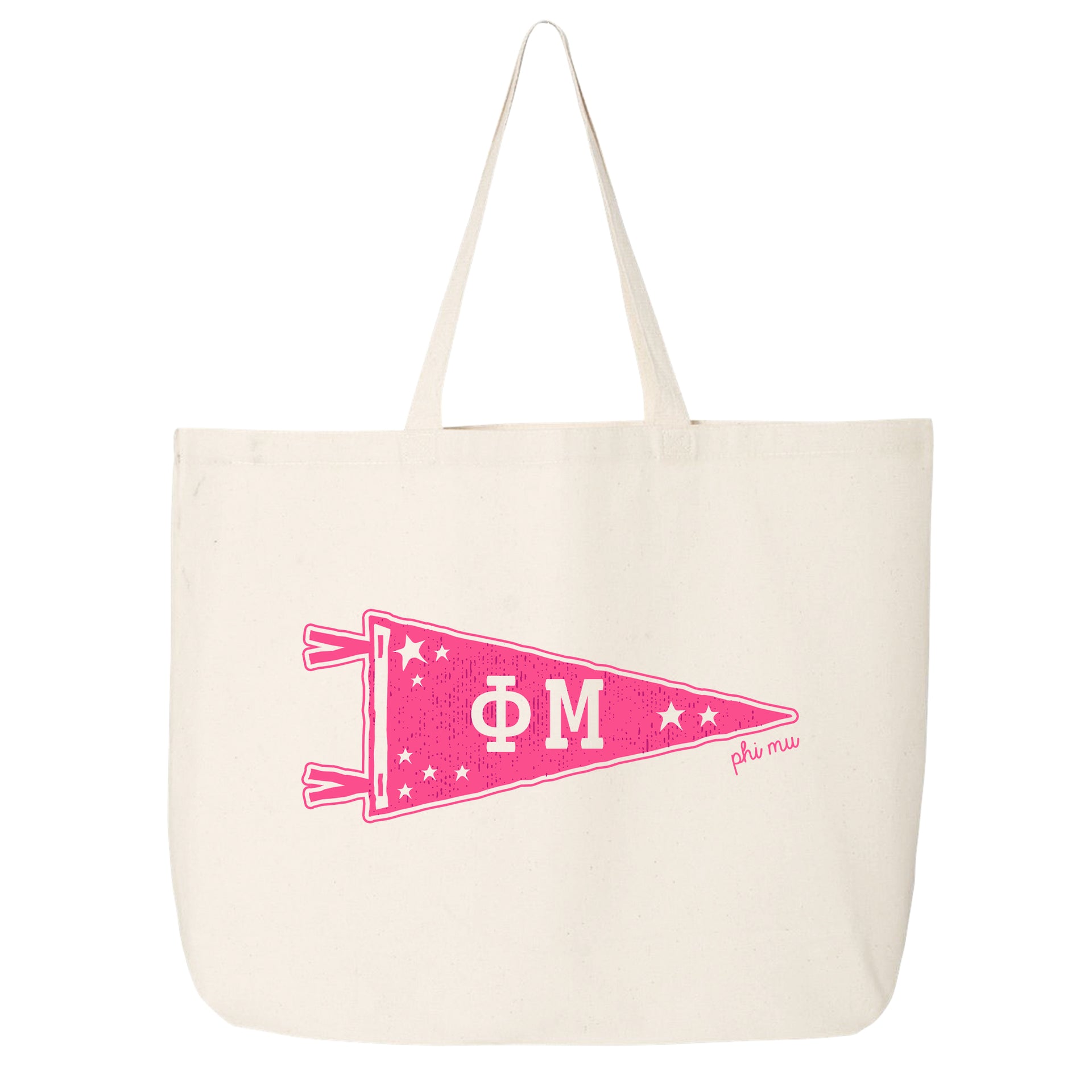 Phi Mu collegiate pennant large canvas tote bag featuring Phi Mu Greek letters on a white background