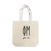 Phi Mu small canvas tote bag featuring striped Phi Mu Greek letters on a white background