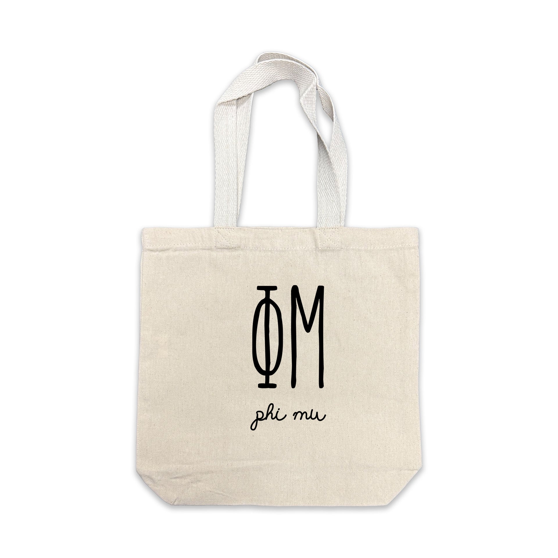 Phi Mu small canvas tote bag featuring striped Phi Mu Greek letters on a white background