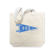 Phi Sigma Sigma collegiate pennant medium size canvas tote bag featuring Phi Sigma Sigma Greek letters on a white background