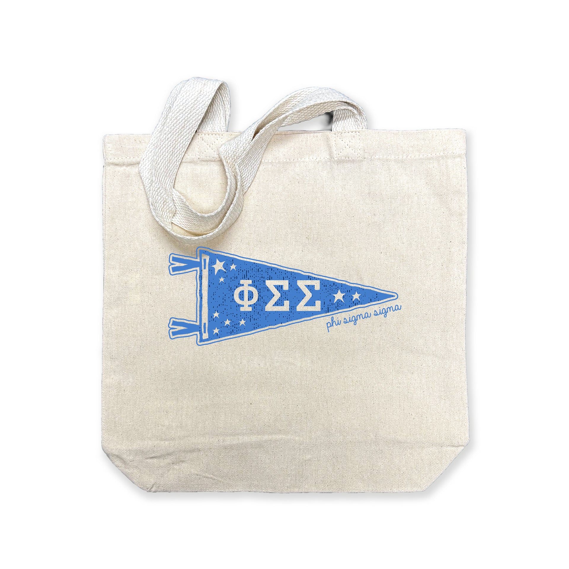 Phi Sigma Sigma collegiate pennant medium size canvas tote bag featuring Phi Sigma Sigma Greek letters on a white background