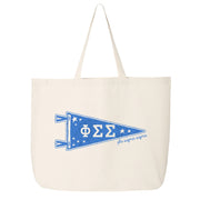 Phi Sigma Sigma collegiate pennant large canvas tote bag featuring Phi Sigma Sigma Greek letters on a white background
