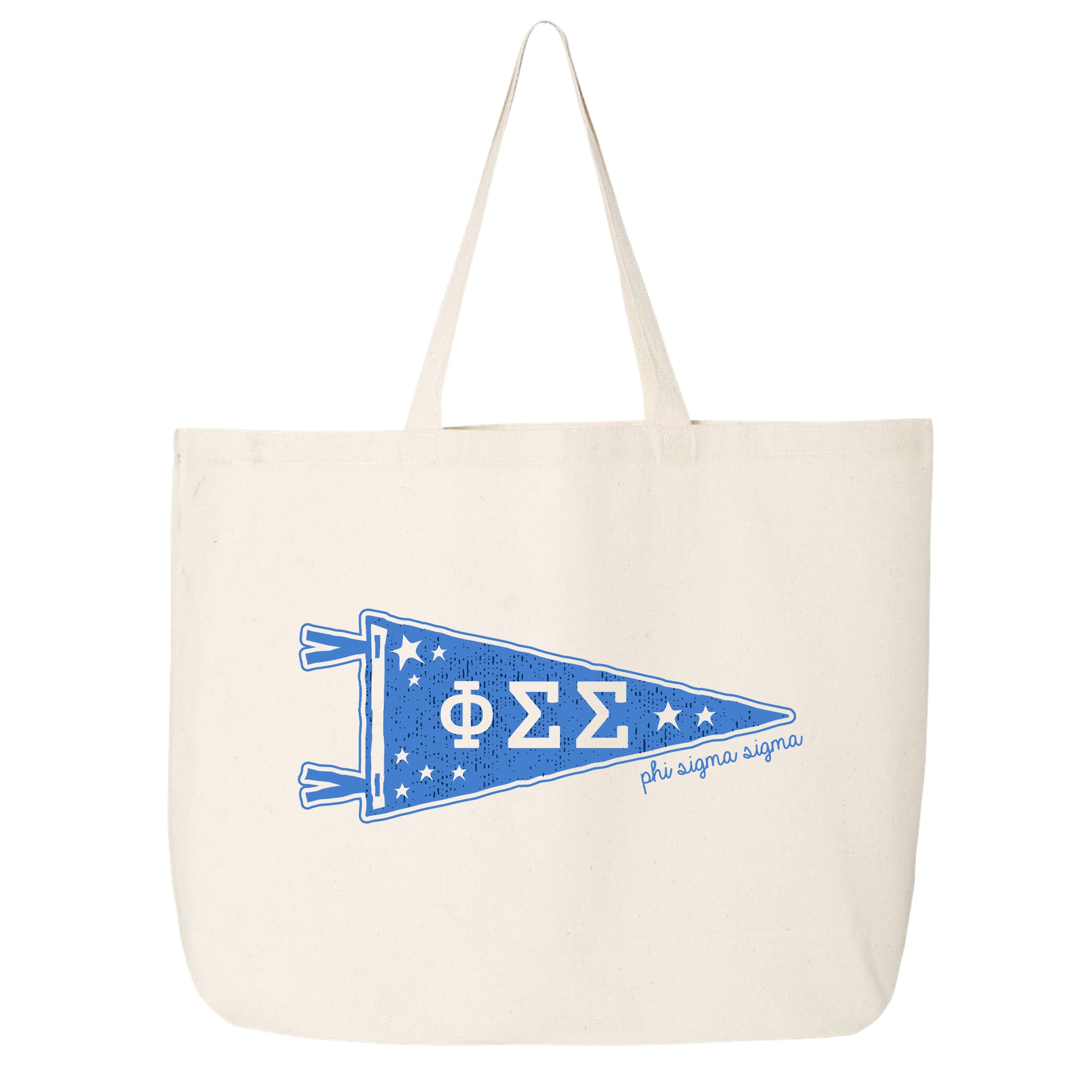 Phi Sigma Sigma collegiate pennant large canvas tote bag featuring Phi Sigma Sigma Greek letters on a white background