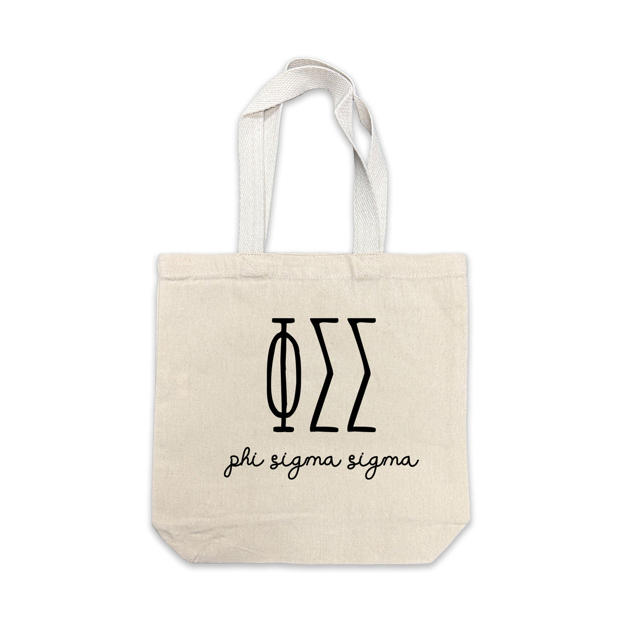 Phi Sigma Sigma small canvas tote bag featuring striped Phi Sigma Sigma Greek letters on a white background