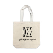 Phi Sigma Sigma small canvas tote bag featuring striped Phi Sigma Sigma Greek letters on a white background
