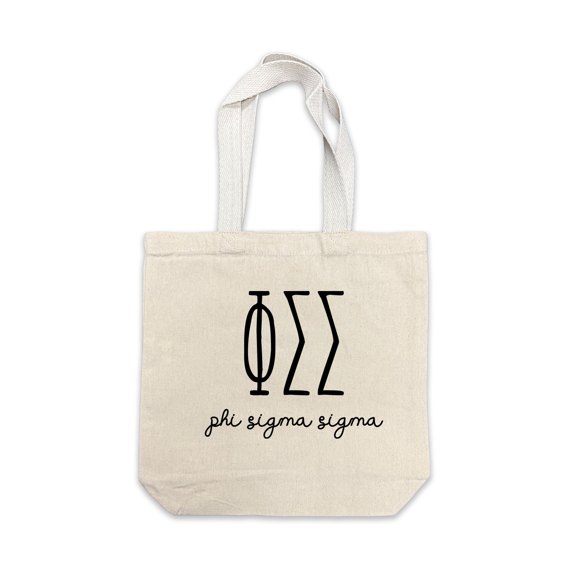 Phi Sigma Sigma small canvas tote bag featuring striped Phi Sigma Sigma Greek letters on a white background