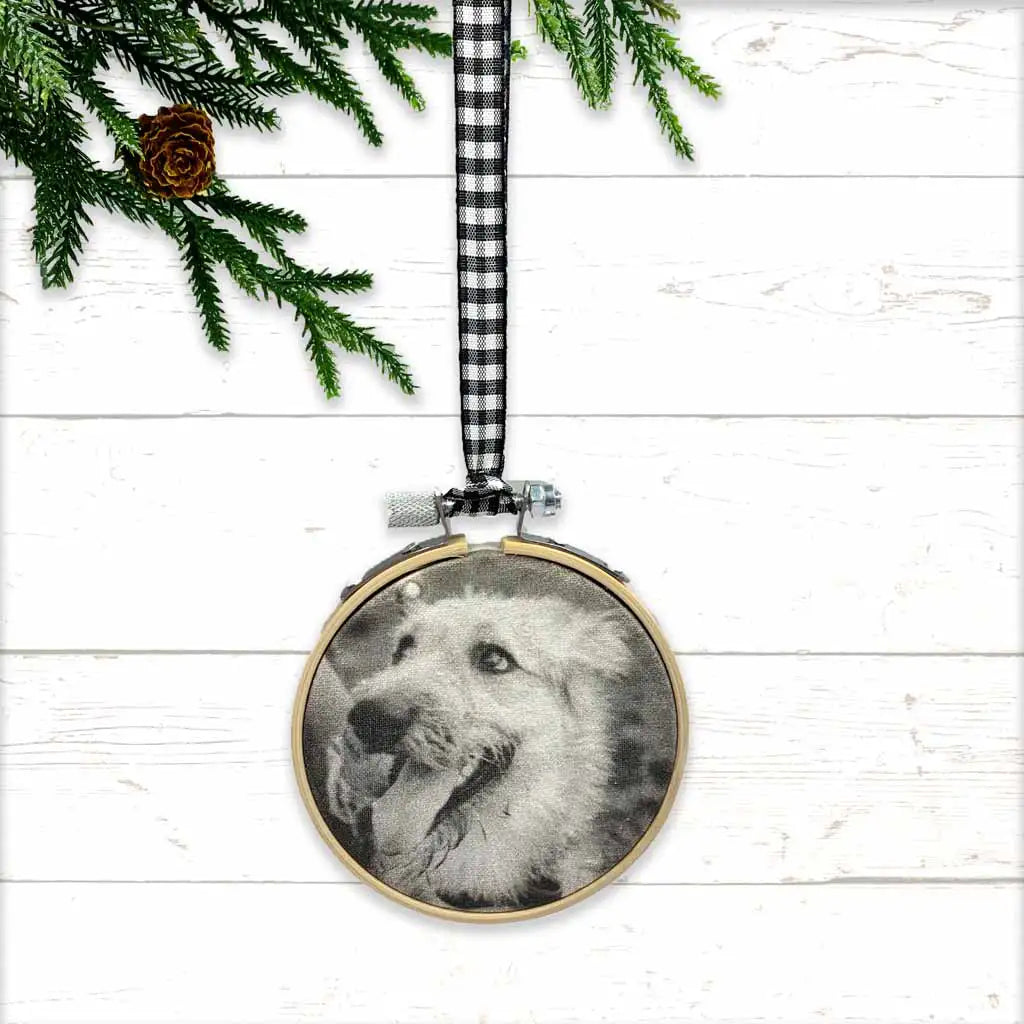 Photo ornament with your own photo makes this a special gift for your dog loving best friend for the holidays.