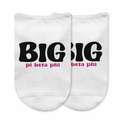 Pi Beta Phi Little and Big designs custom printed on comfy white cotton no show socks.