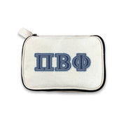 Pi Beta Phi cosmetic bag featuring Pi Phi Greek letters in denim style, displayed on white.