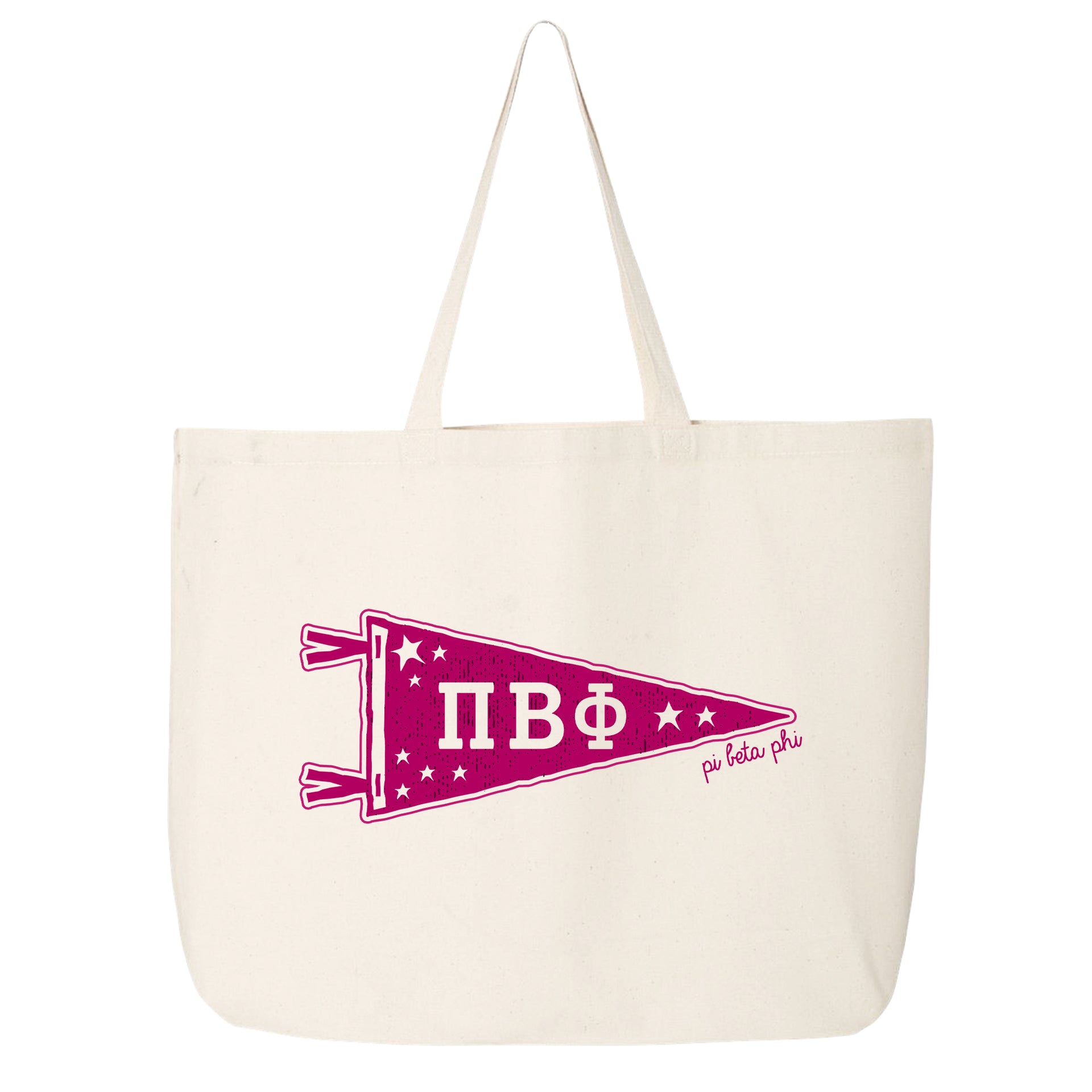 Pi Beta Phi collegiate pennant large canvas tote bag featuring Pi Beta Phi Greek letters on a white background