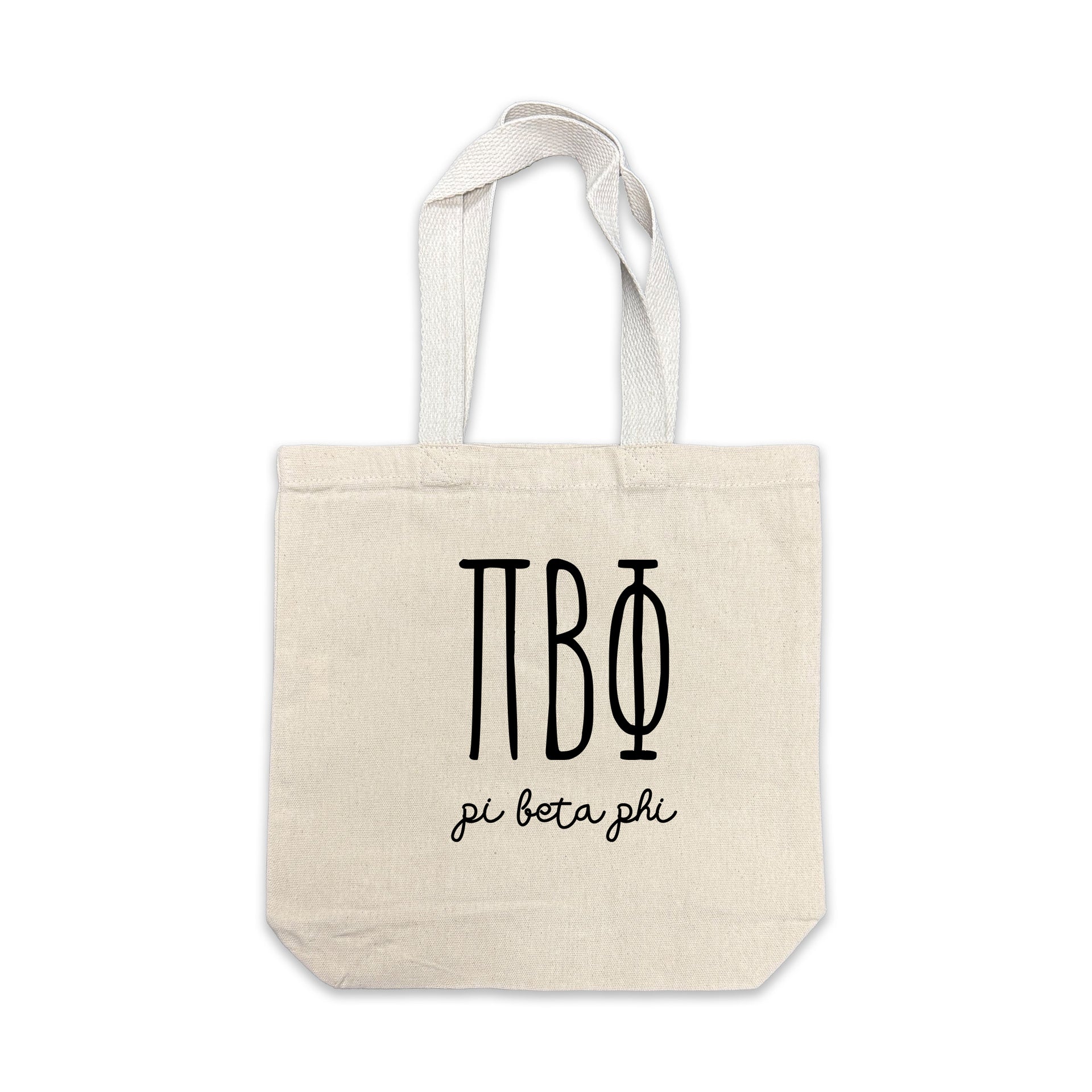 Pi Beta Phi small canvas tote bag featuring striped Pi Beta Phi Greek letters on a white background