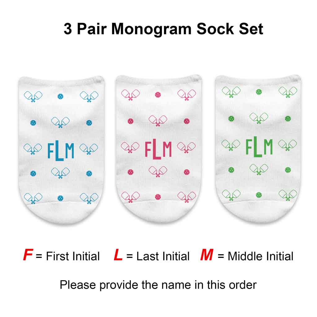 Personalized gift box set with three pair monogram socks digitally printed with a pickleball design.