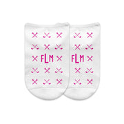 Monogram golf socks design custom printed on white cotton no show socks in a three pair gift box set.