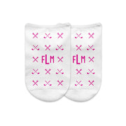 Monogram golf socks design custom printed on white cotton no show socks in a three pair gift box set.