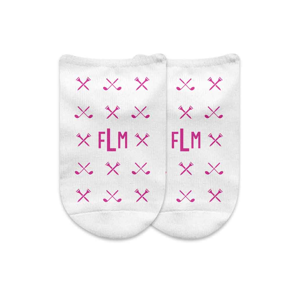 Monogram golf socks design custom printed on white cotton no show socks in a three pair gift box set.