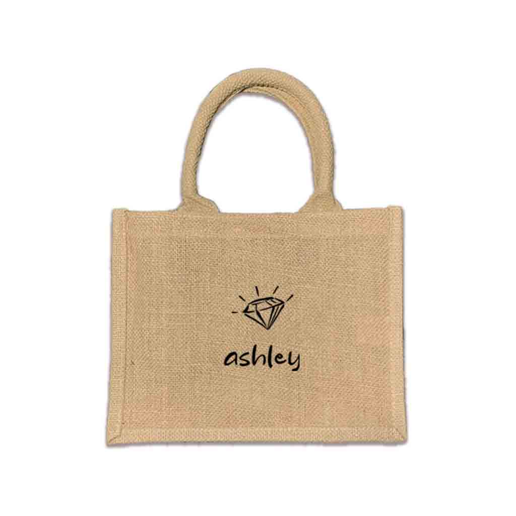 Custom boho burlap bags designed for occasions like bachelorette parties and birthdays. These bags feature vibrant prints made with eco-friendly inks and come with options for tassels and a selection of design motifs.