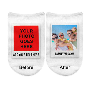 Comfy white cotton no show socks custom printed with your own personalized text and photo framed in polaroid.