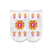 Monogram socks in a gif box set digitally printed with a floral design on white cotton no show socks.